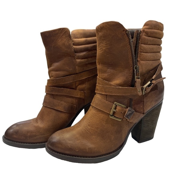 Revolve Steve Madden Raleighh Tall Distressed Buckled Heeled Boots Cognac US 10 - Picture 5 of 10
